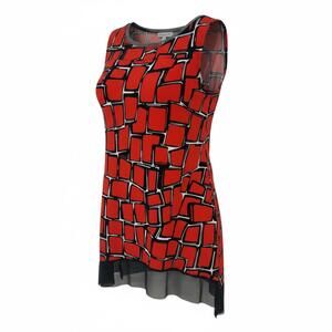 Premise XL Red Geometric Print Sleeveless Tunic Top with Sheer Hem 80's 90's VTG